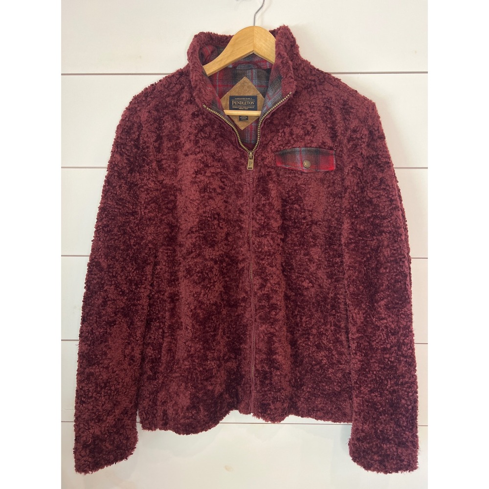 Pendleton Womens Sherpa Fleece Jacket Burgundy Plaid Lined Full Zip Large